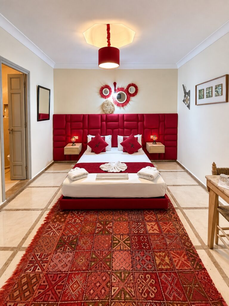 Vue d’ensemble de la chambre Mérinides avec tapis à motifs et coin bureau