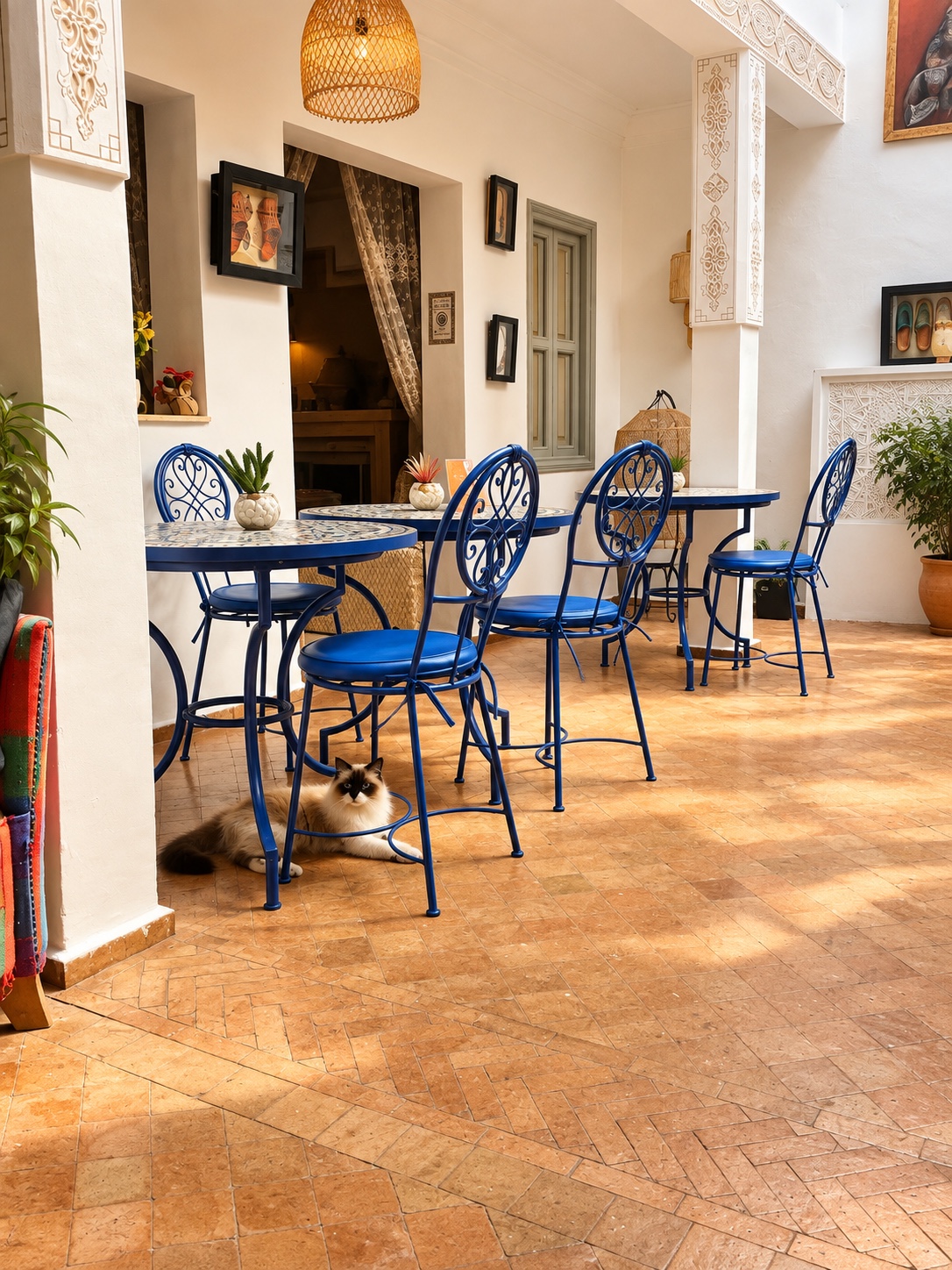 Blue woodwork and a quiet corner of the courtyard