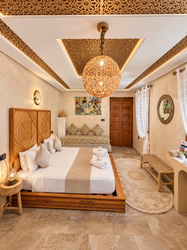 Suite Dorée du Riad Dar Chadia, lit double, banquette et plafond à motifs dorés